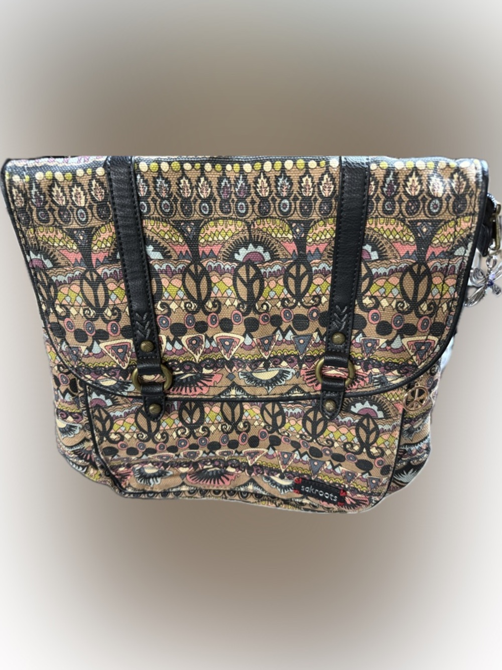 P026-Sakroots Multicolor Boho Canvas Shoulder Bag with Black Trim
